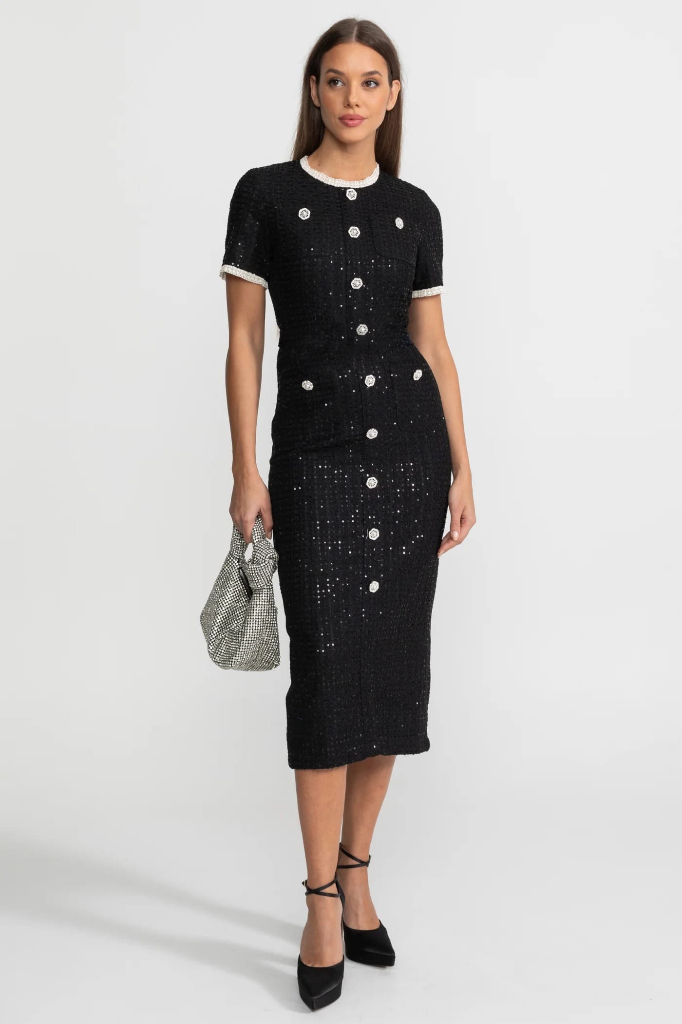 Short Sleeve Sequin Midi Dress - Black
