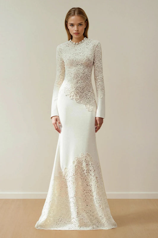 Maxi Dress with Lace Overlay and Long Sleeves - White