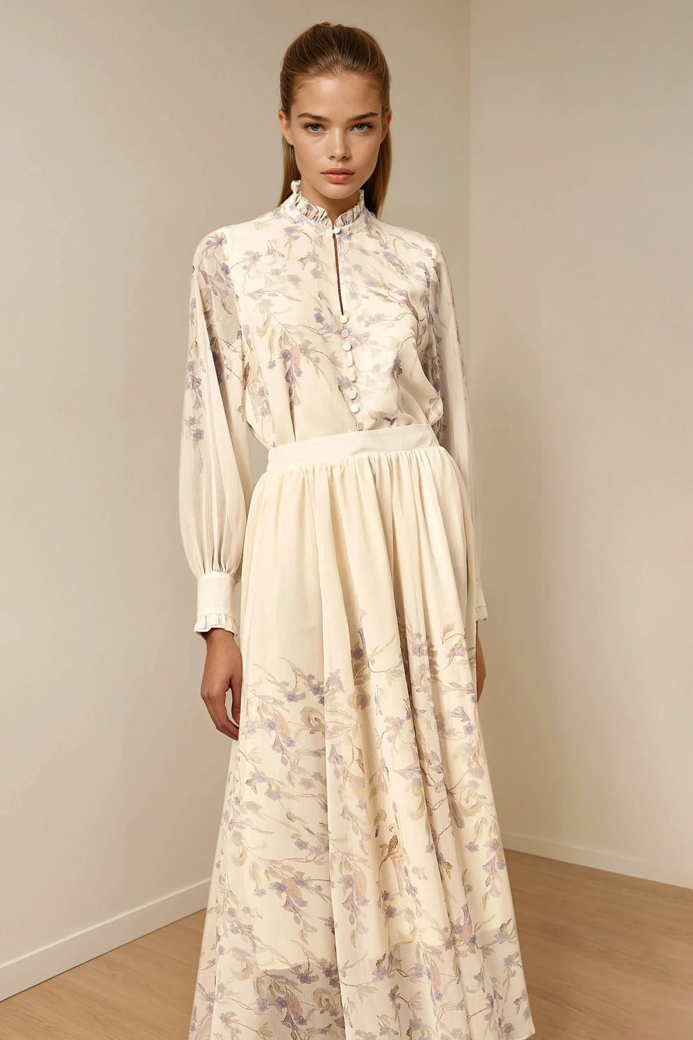 Two-Piece Set with Printed Shirt and Flowing Skirt - White