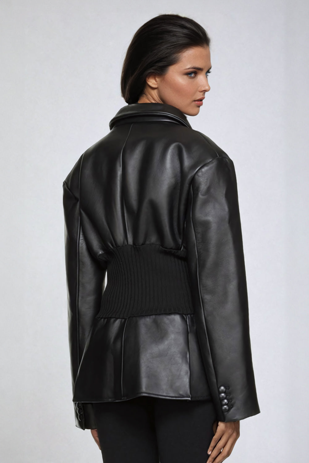 Leather Blazer with Knitted Waist Detail - Black