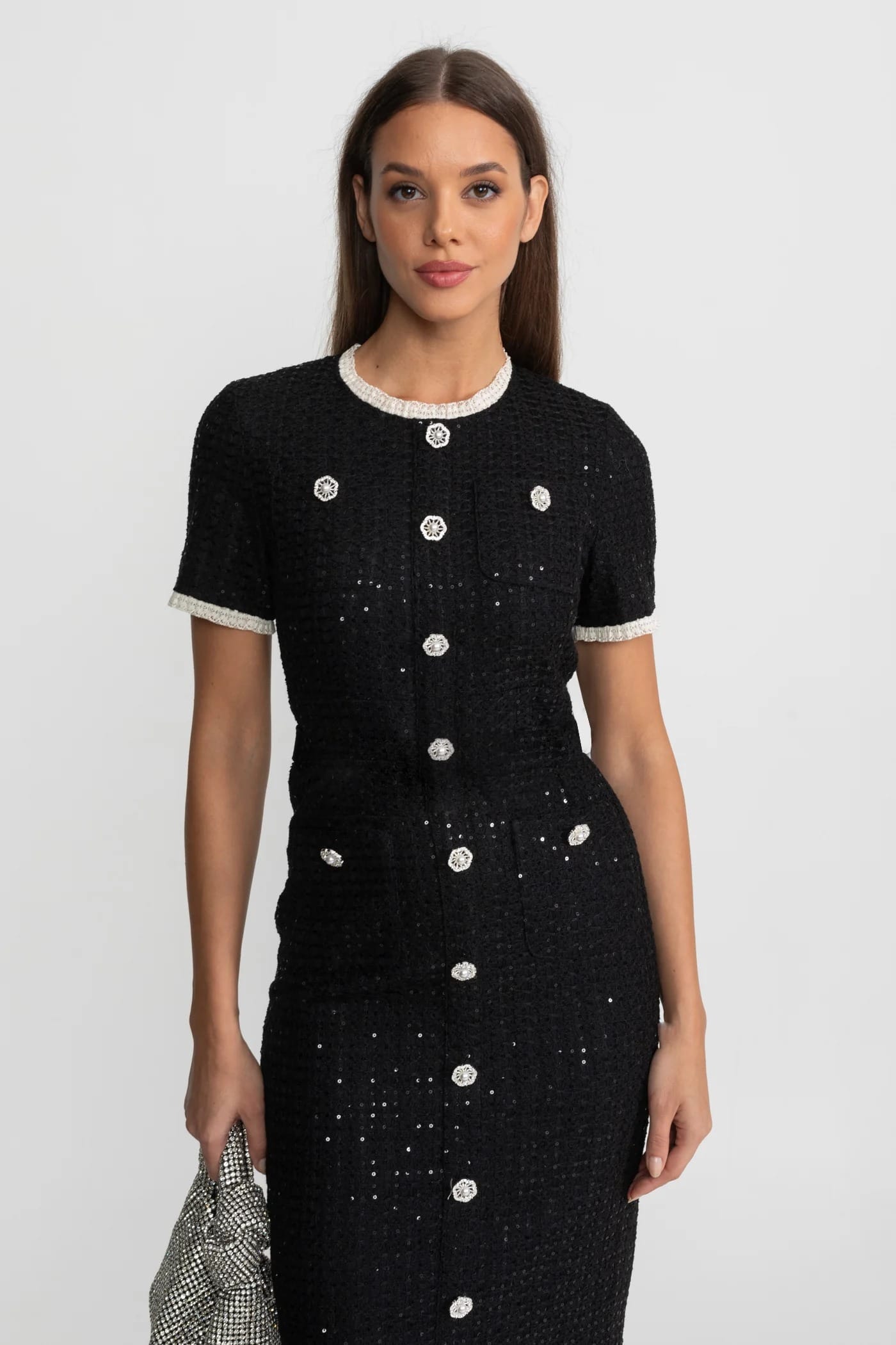 Short Sleeve Sequin Midi Dress - Black