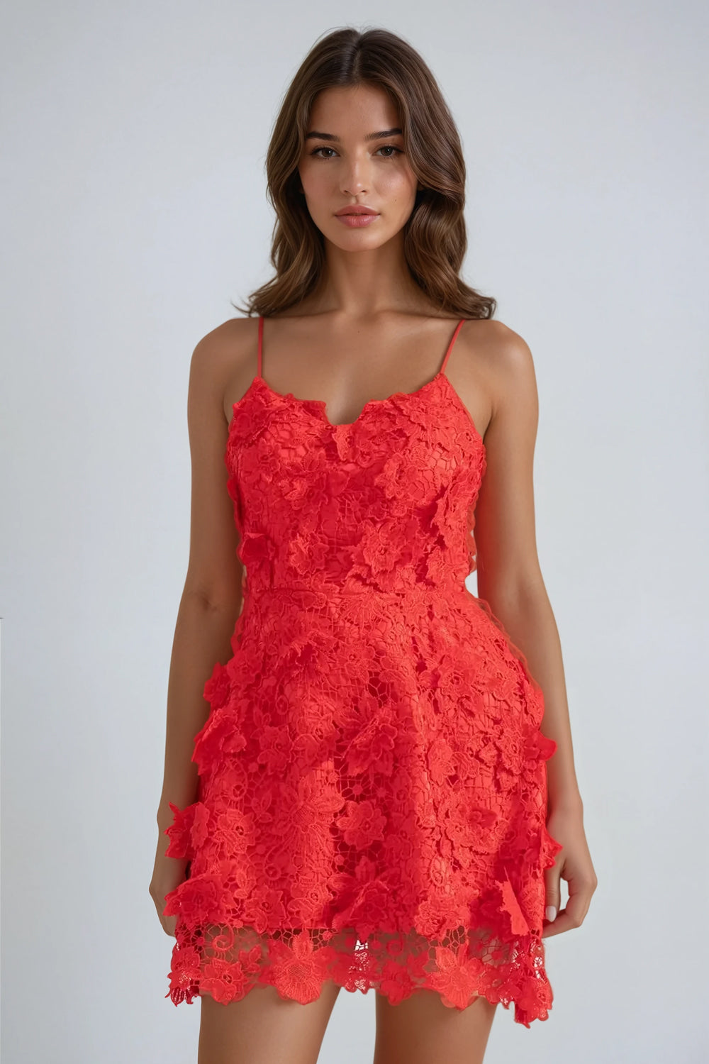Lace Mini Dress with 3D Floral Details - Red