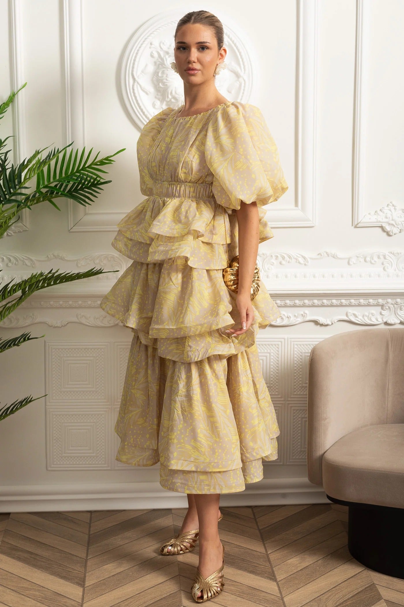 Puff Sleeve Tiered Midi Dress - Yellow