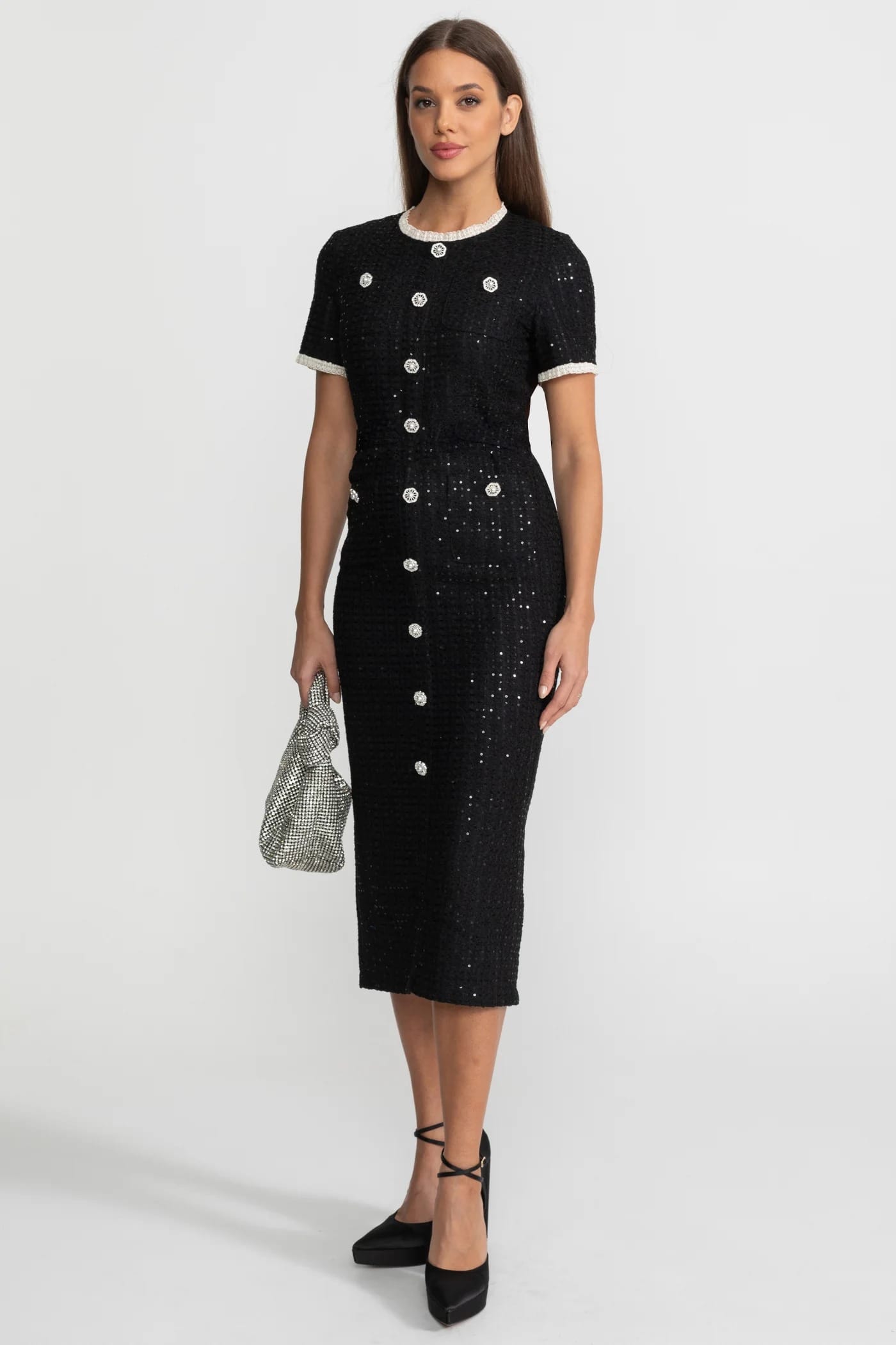 Short Sleeve Sequin Midi Dress - Black