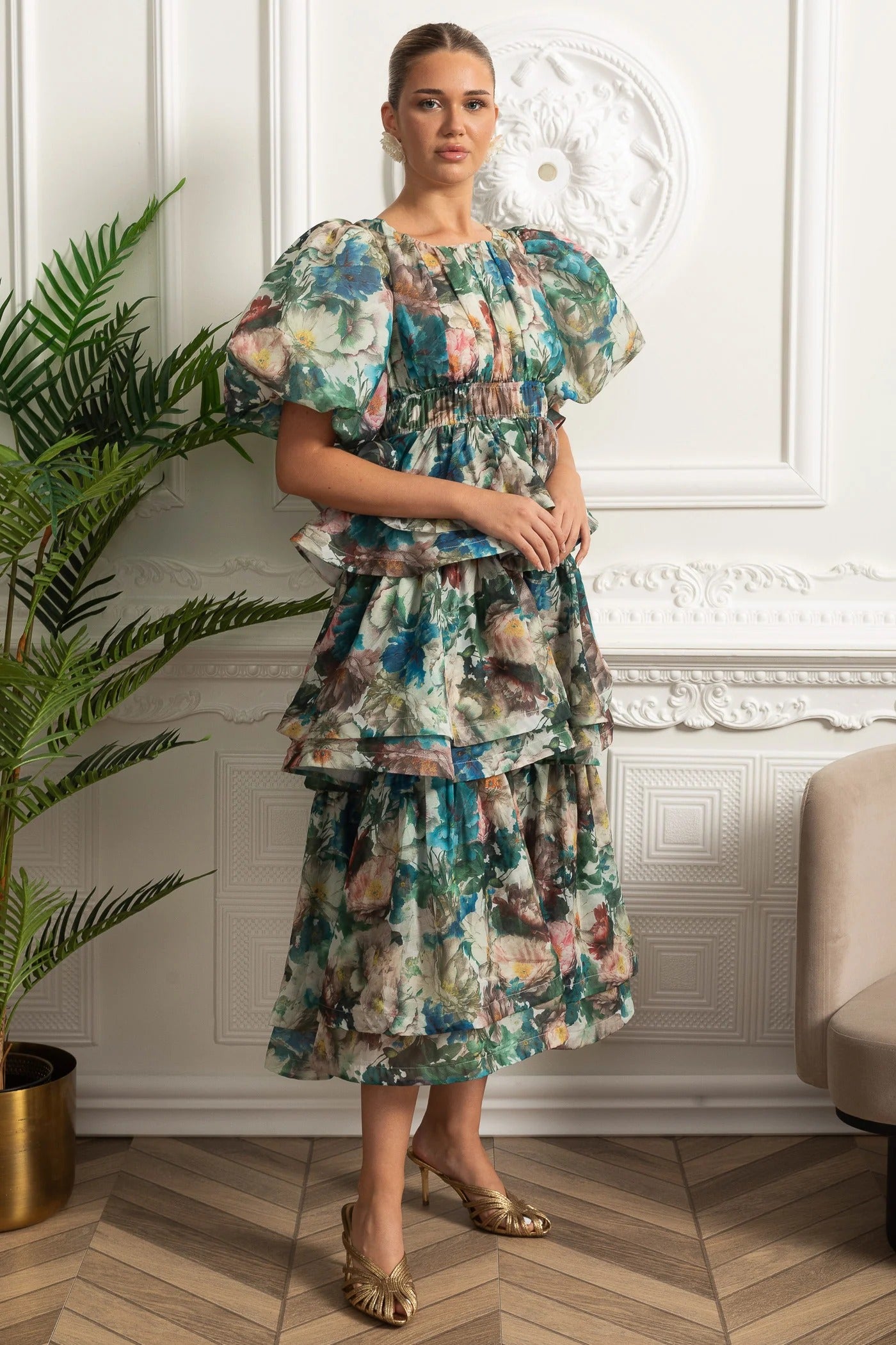 Puff Sleeve Tiered Midi Dress - Green