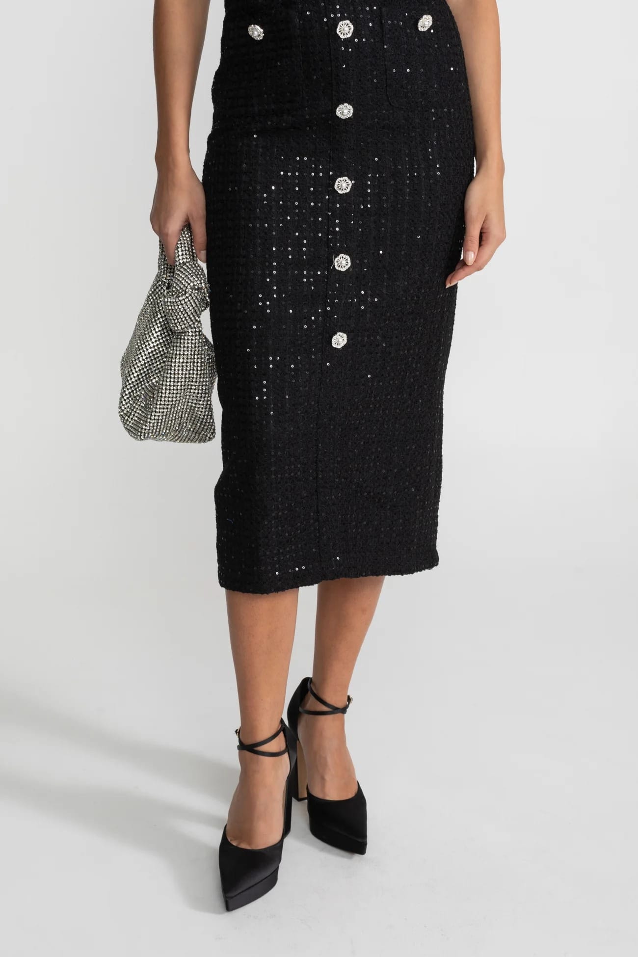 Short Sleeve Sequin Midi Dress - Black