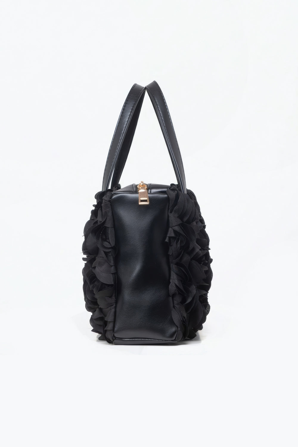 Black Top Handle Bag with 3D Floral Texture