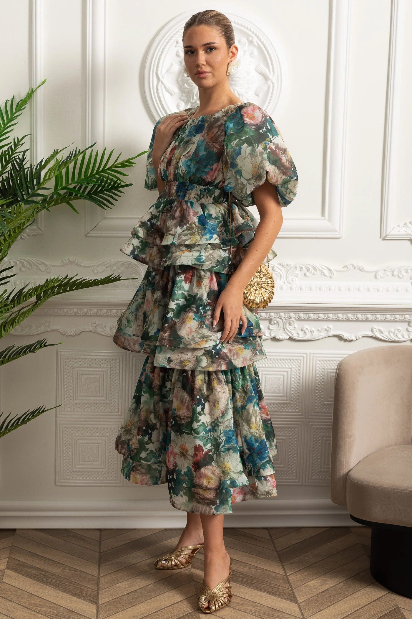 Puff Sleeve Tiered Midi Dress - Green