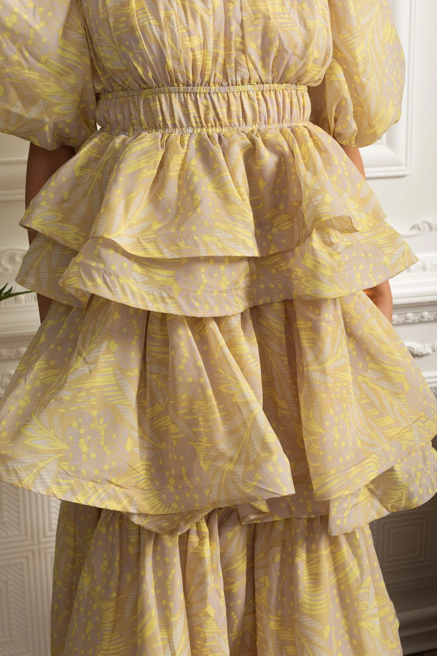 Puff Sleeve Tiered Midi Dress - Yellow