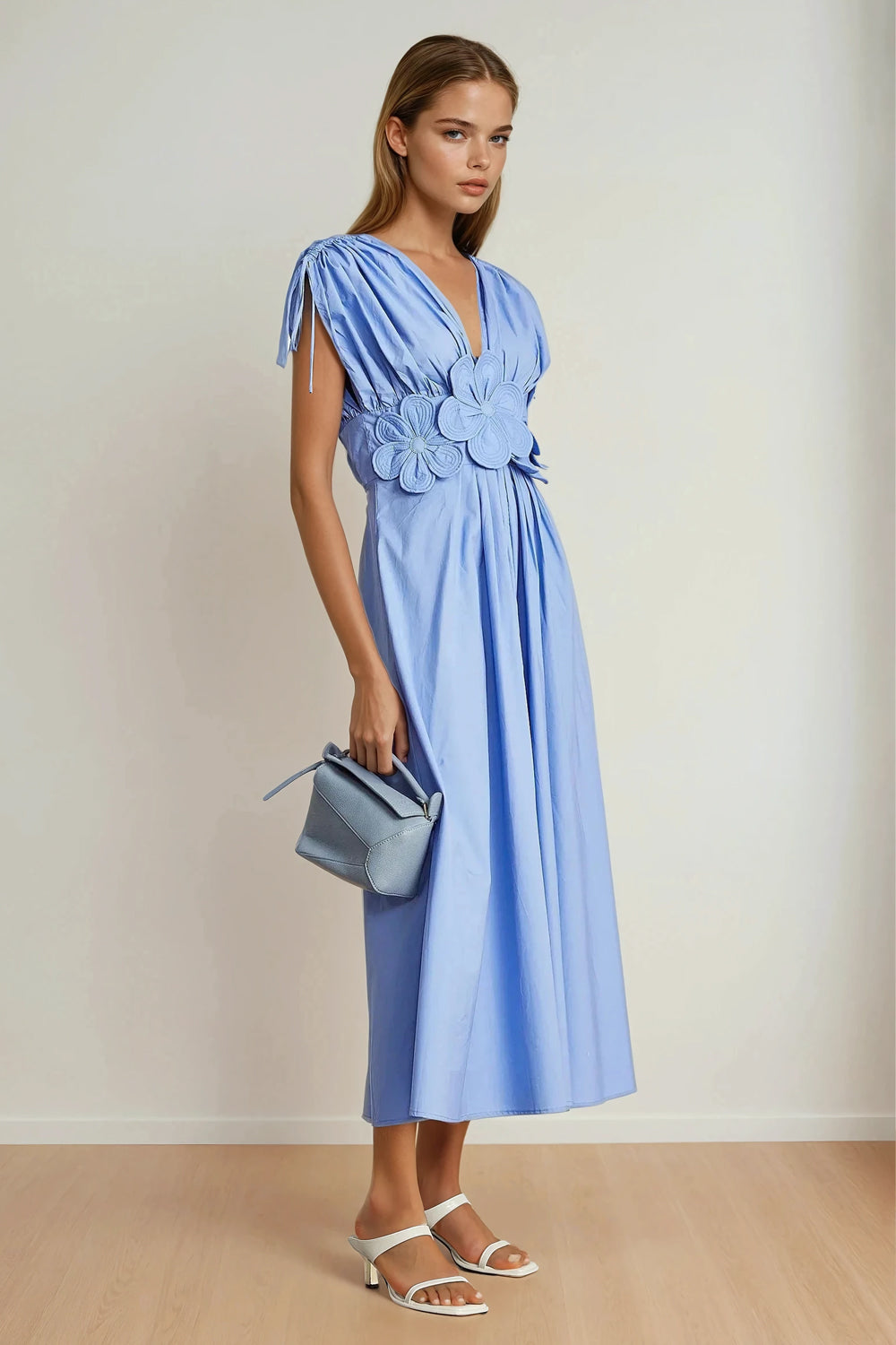 Midi Dress with Gathered Shoulders and Floral Waist Detail - Blue