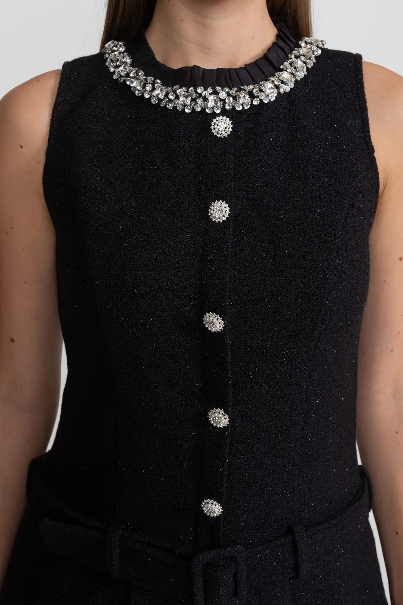 Sleeveless Belted Pleated Mini Dress - Black