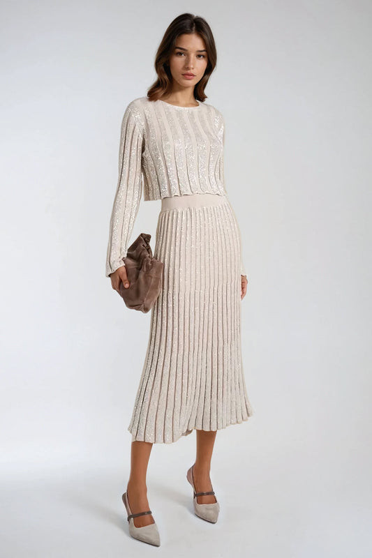 Two-Piece Set with Long Sleeve Knitted Top and Pleated Maxi Skirt - Beige