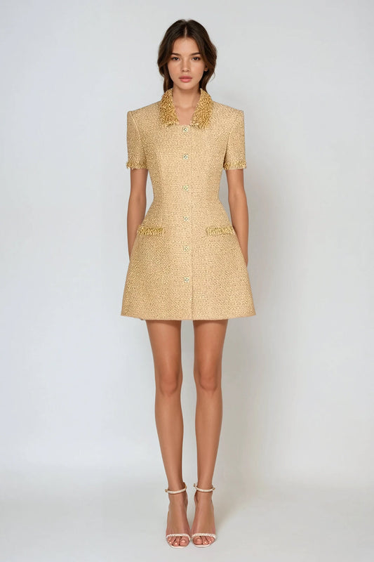 Embellished Collar Short-Sleeve Mini Dress - Yellow