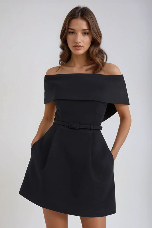 Off-Shoulder Mini Dress with Belt and Pockets - Black