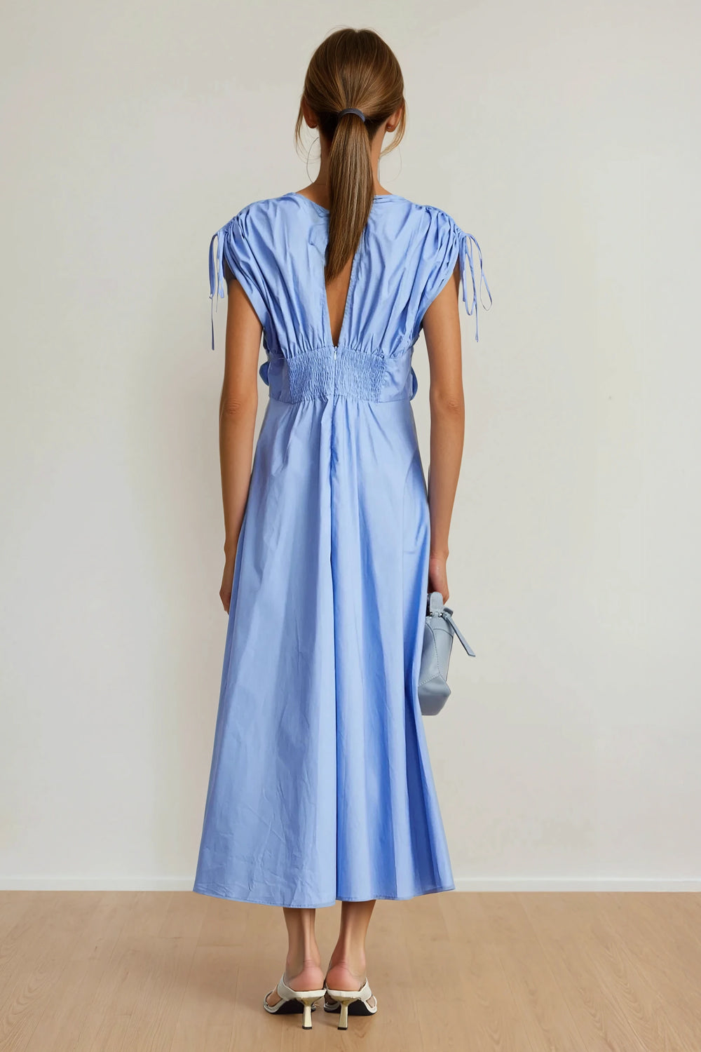 Midi Dress with Gathered Shoulders and Floral Waist Detail - Blue