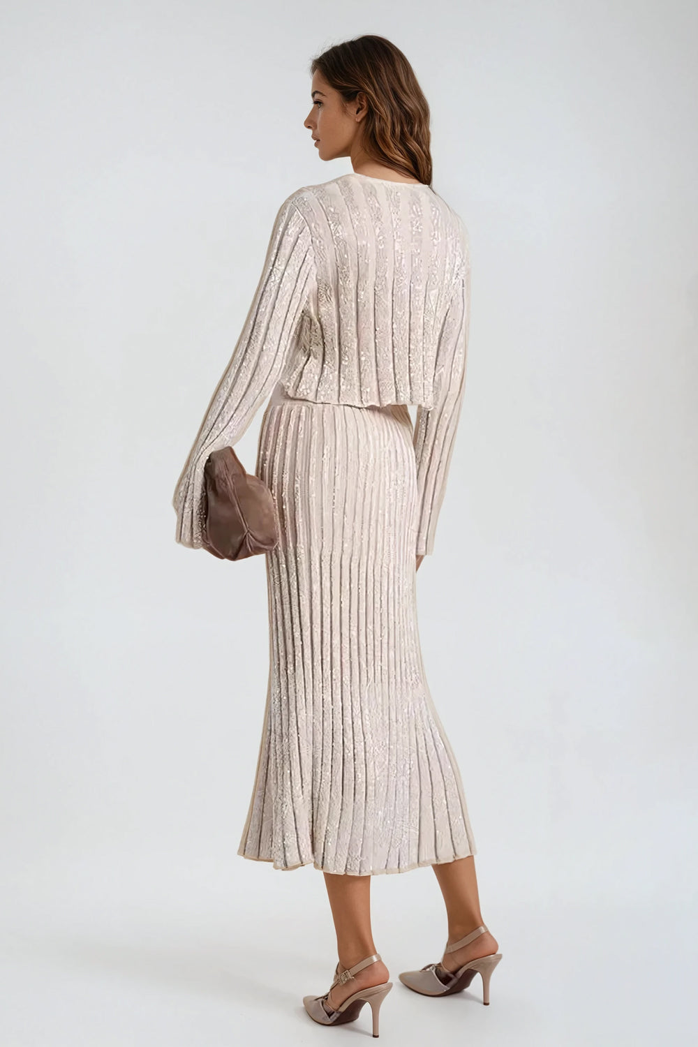 Two-Piece Set with Long Sleeve Knitted Top and Pleated Maxi Skirt - Beige