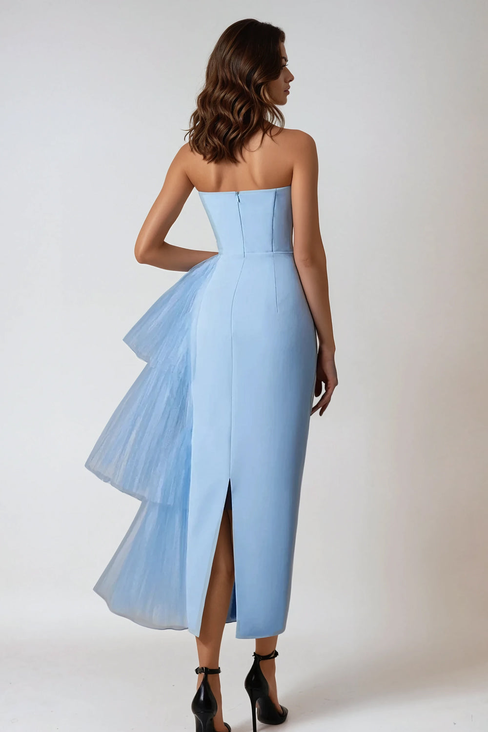 Strapless Midi Dress with Tulle Side Drapes - Blue