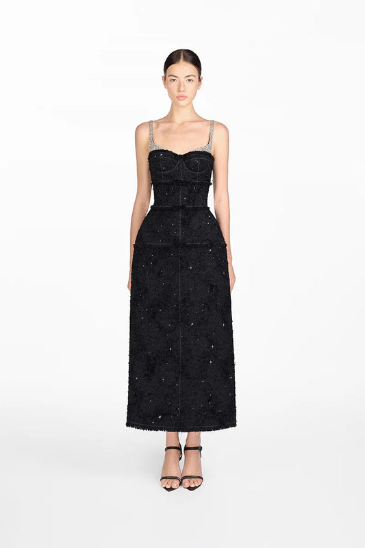 Sleeveless Midi Dress with Beaded Straps and Textured Detailing - Black