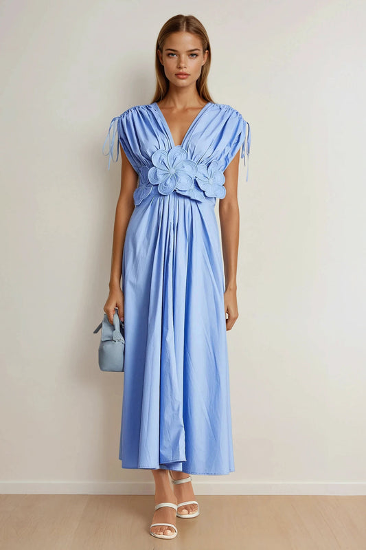 Midi Dress with Gathered Shoulders and Floral Waist Detail - Blue