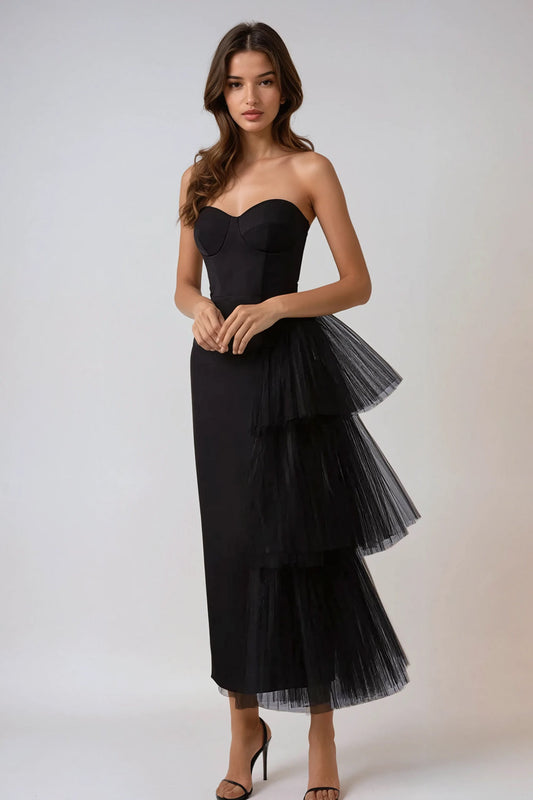 Strapless Midi Dress with Tulle Side Drapes - Black