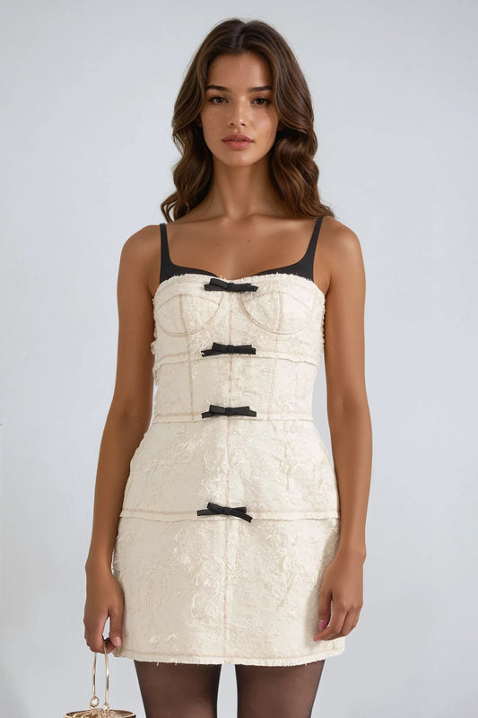 Mini Dress with Feather-Like Texture and Bow Accents - Beige