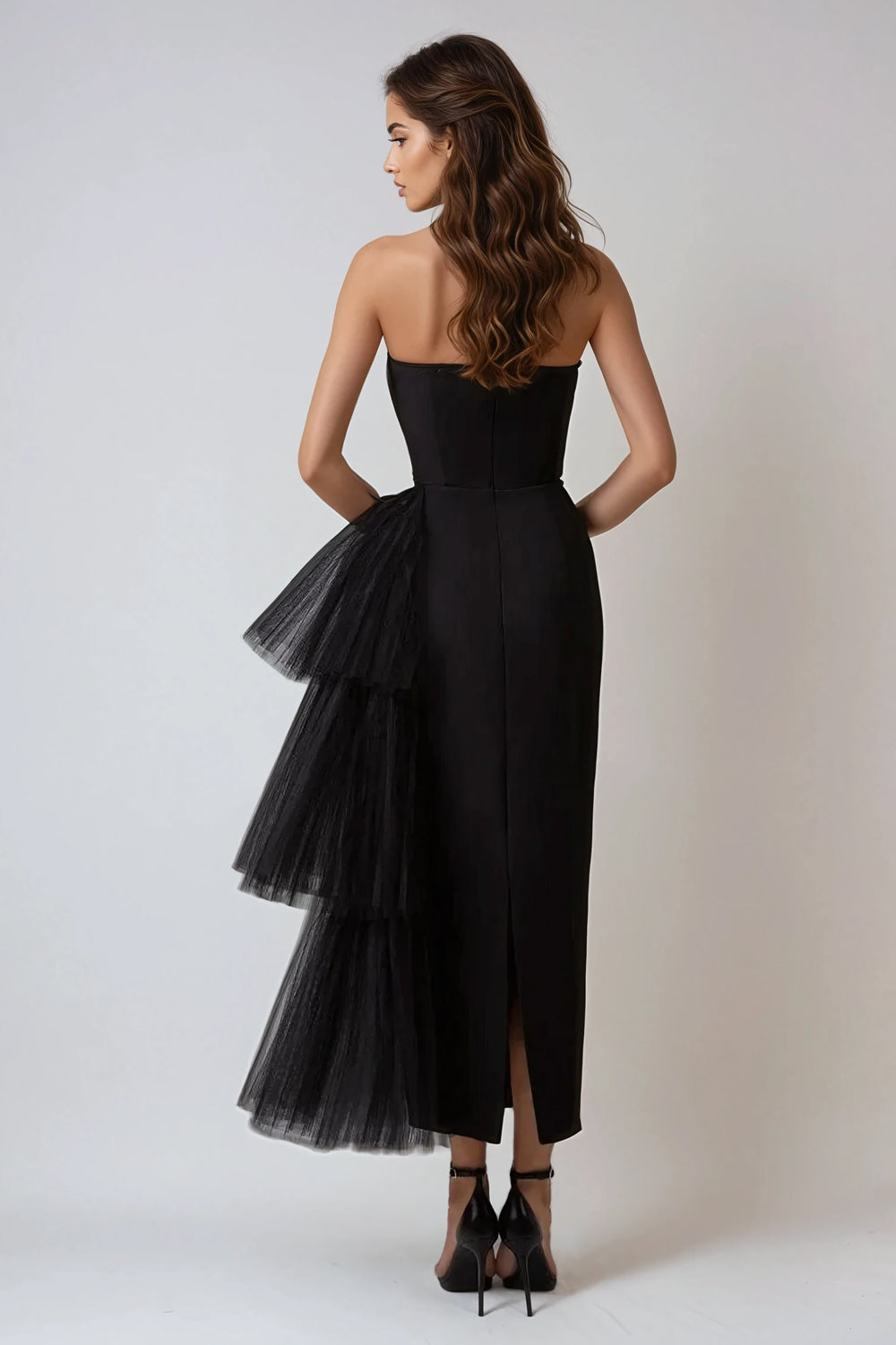 Strapless Midi Dress with Tulle Side Drapes - Black