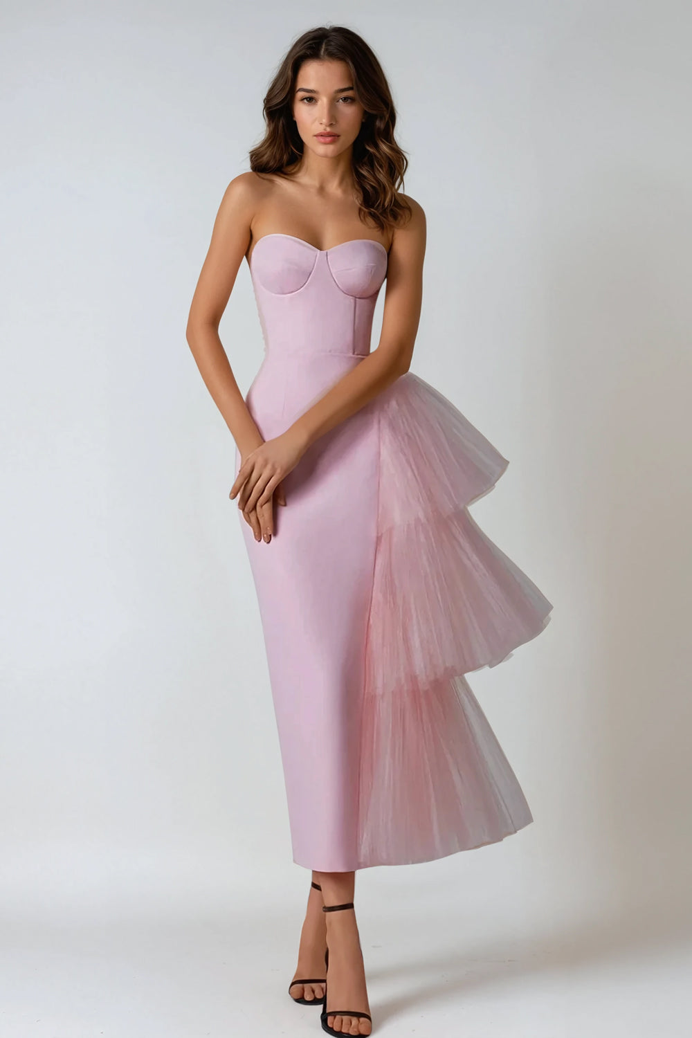 Strapless Midi Dress with Tulle Side Drapes - Pink