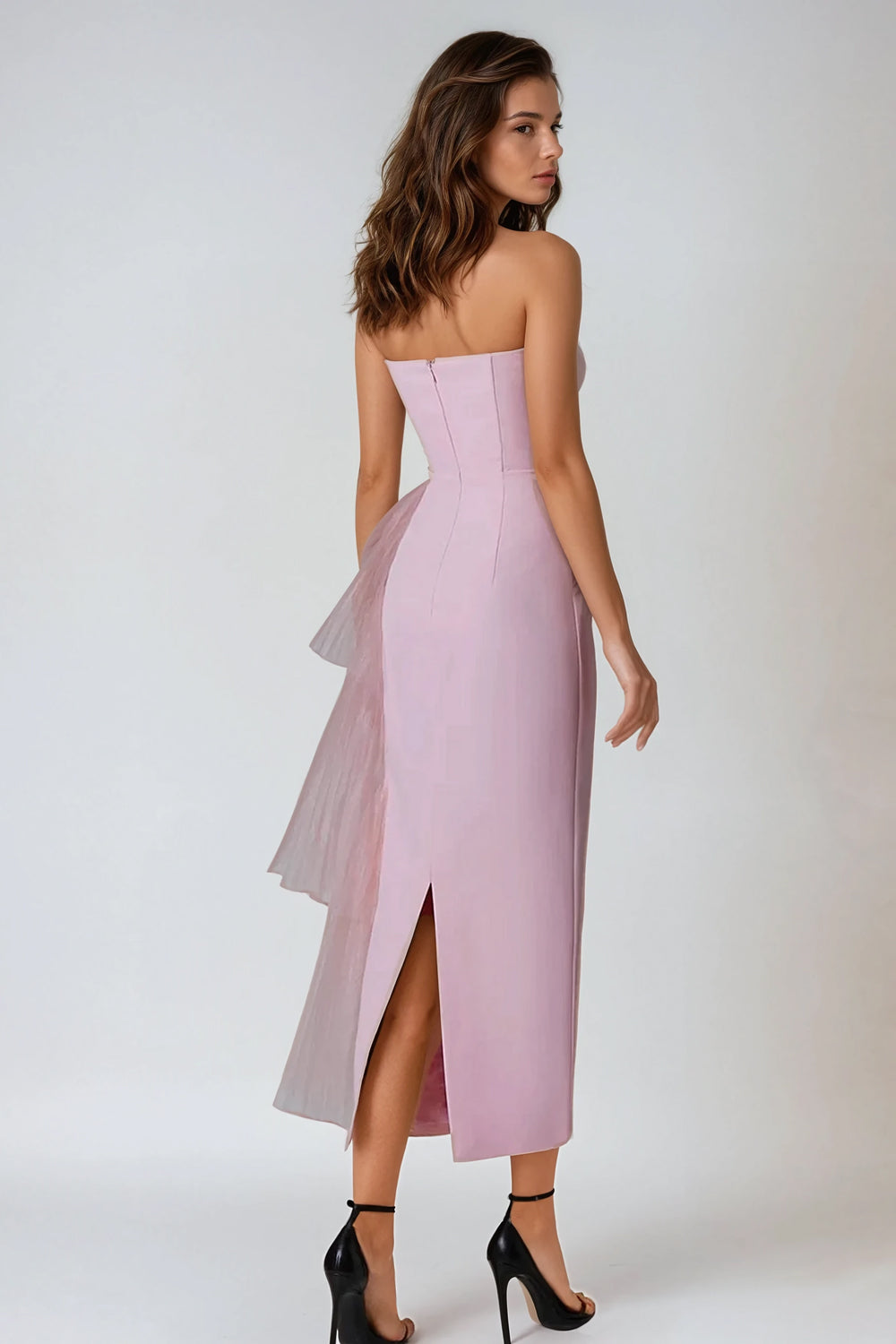 Strapless Midi Dress with Tulle Side Drapes - Pink