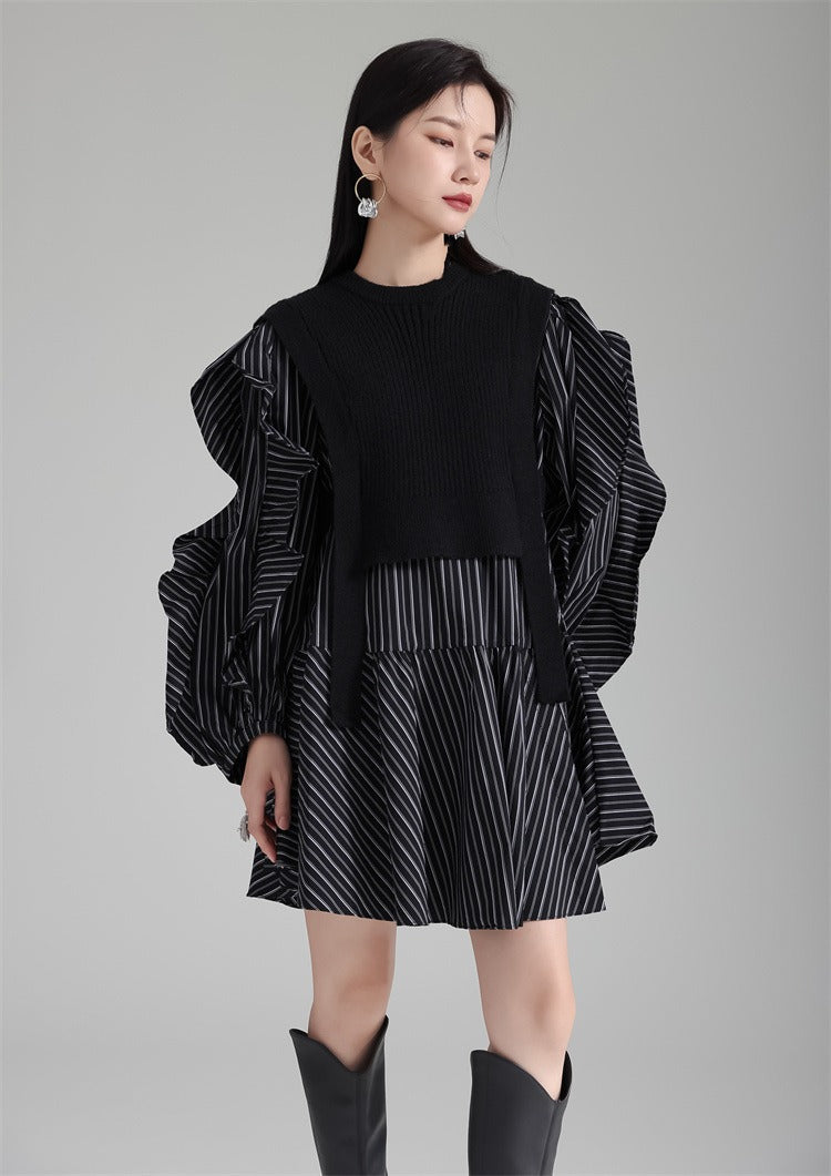 Tiered Puff Sleeve Mini Dress with Layered Knit Vest - Striped