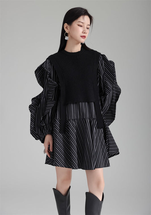 Tiered Puff Sleeve Mini Dress with Layered Knit Vest - Striped