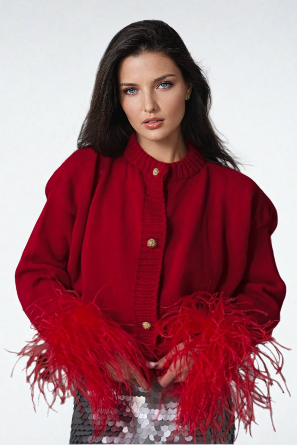 Feathered Cuff Button-Down Knitted Sweater - Red