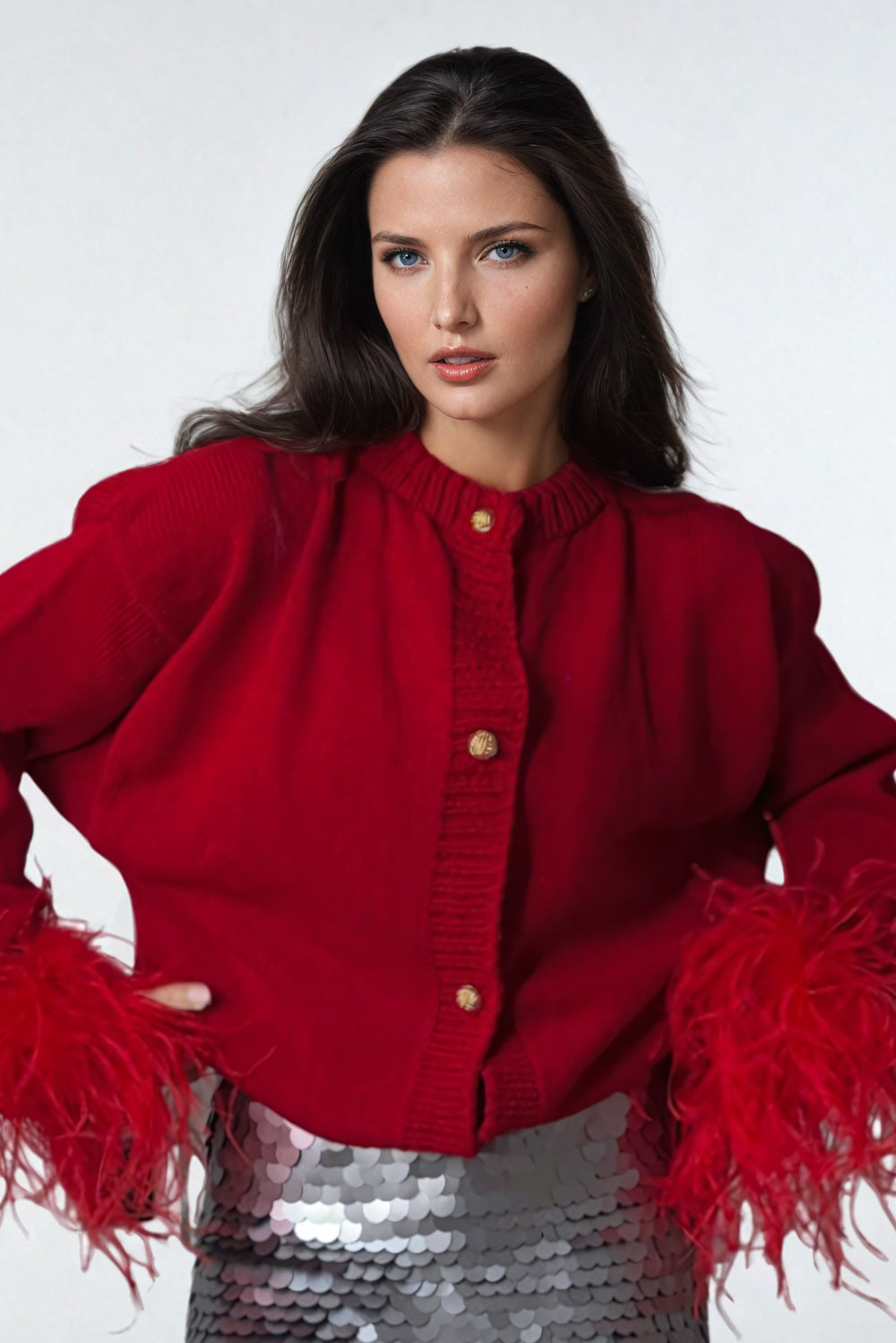 Feathered Cuff Button-Down Knitted Sweater - Red