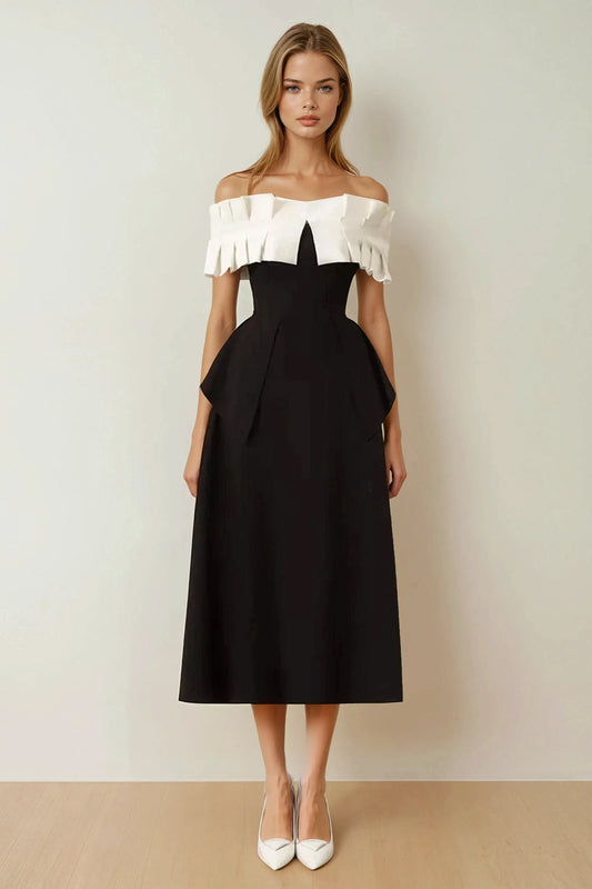 Off-Shoulder Pleated Contrast Midi Dress - Black