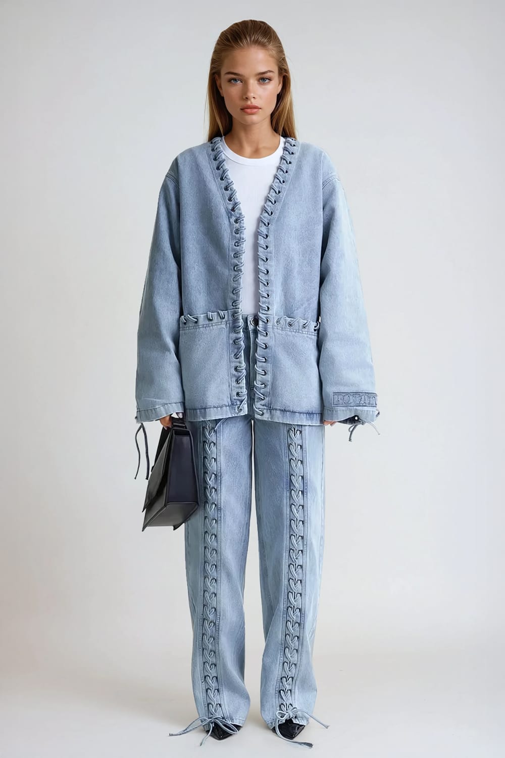 Denim Jacket with Front and Back Lace-Up Detail - Blue