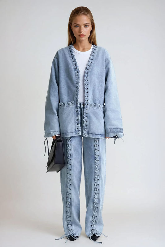 Denim Jacket with Front and Back Lace-Up Detail - Blue