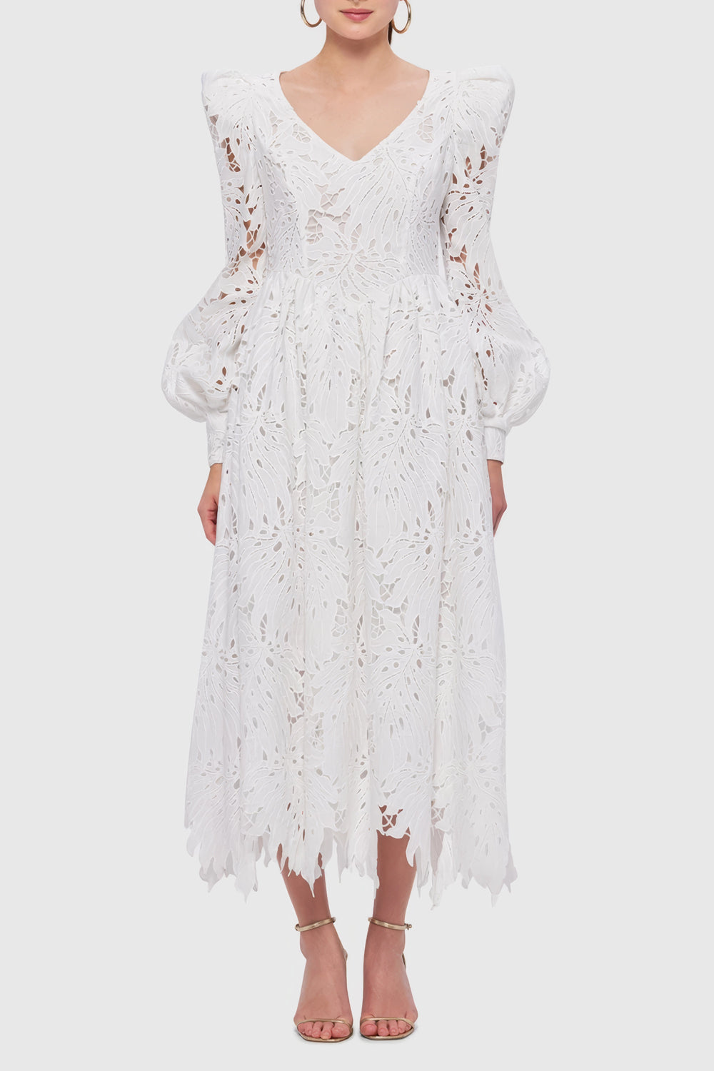 Puff Sleeve Midi Dress with Delicate Cut-Outs