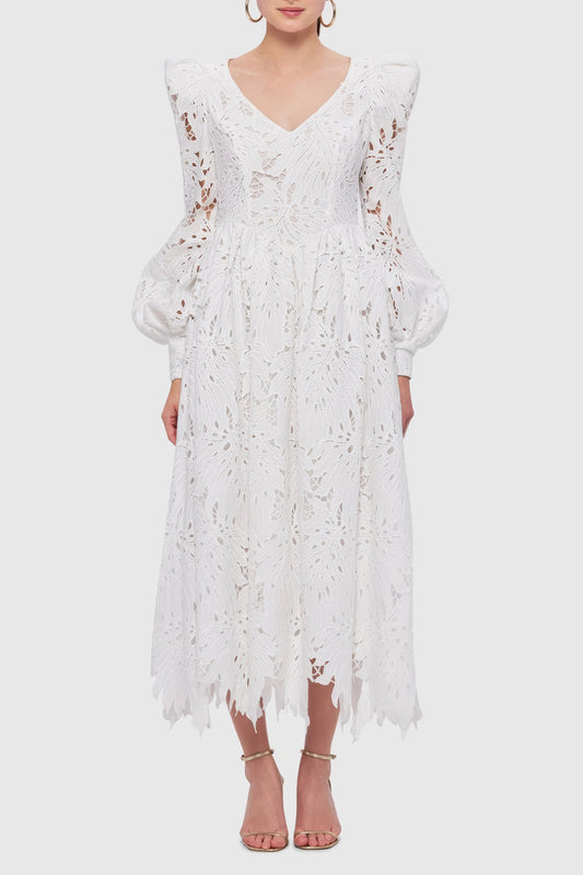 Puff Sleeve Midi Dress with Delicate Cut-Outs