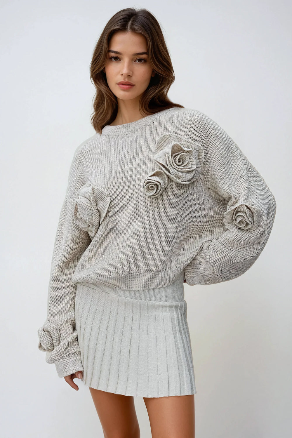 Oversized Sweater with Floral Detailing - Beige