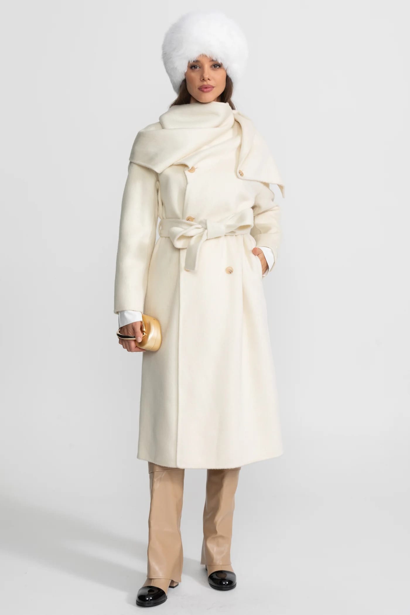 Oversized Coat with Attached Scarf - White