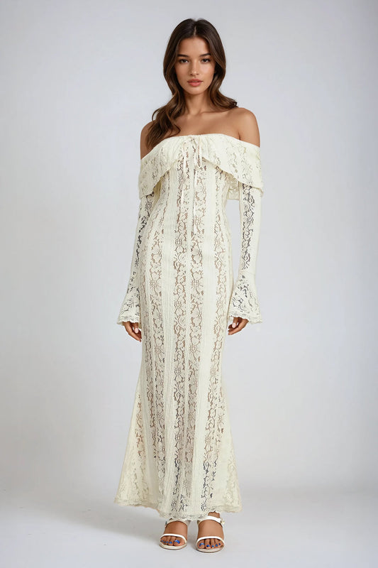 Off-Shoulder Lace Maxi Dress - White