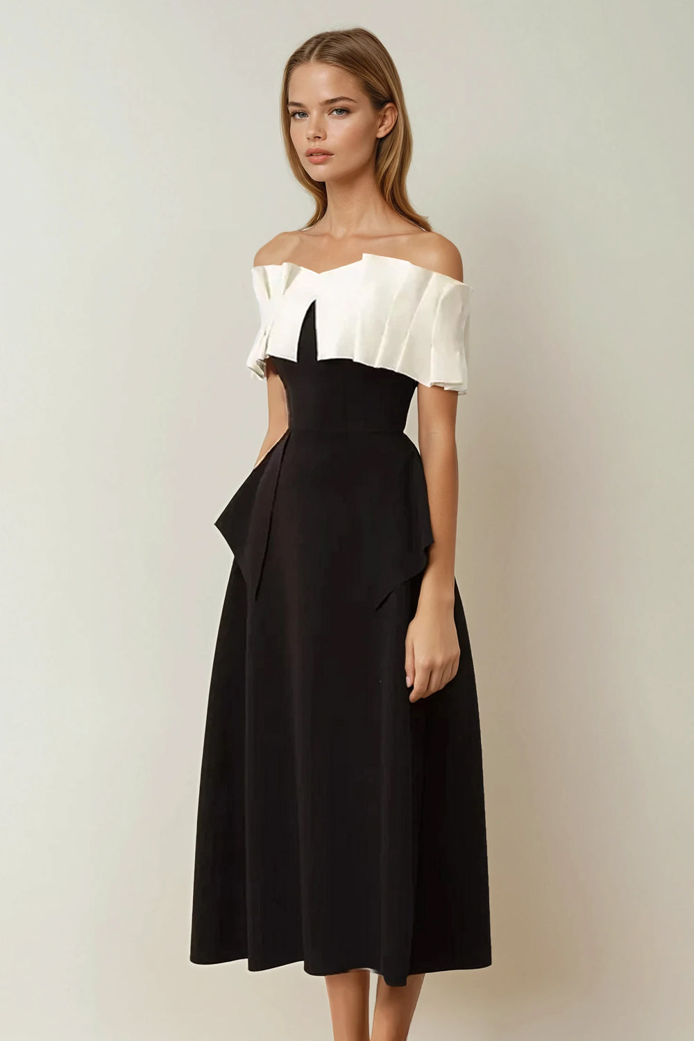 Off-Shoulder Pleated Contrast Midi Dress - Black