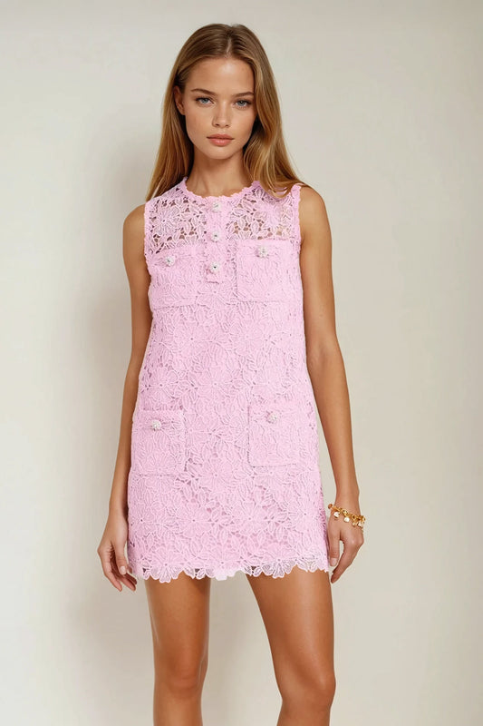 Sleeveless Mini Dress with Lace Overlay and Front Pockets - Pink