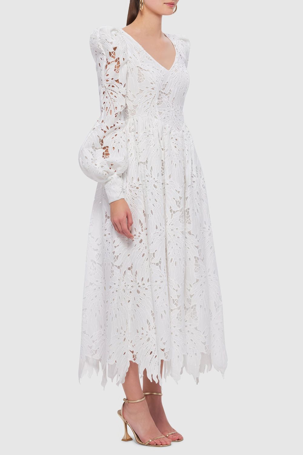 Puff Sleeve Midi Dress with Delicate Cut-Outs