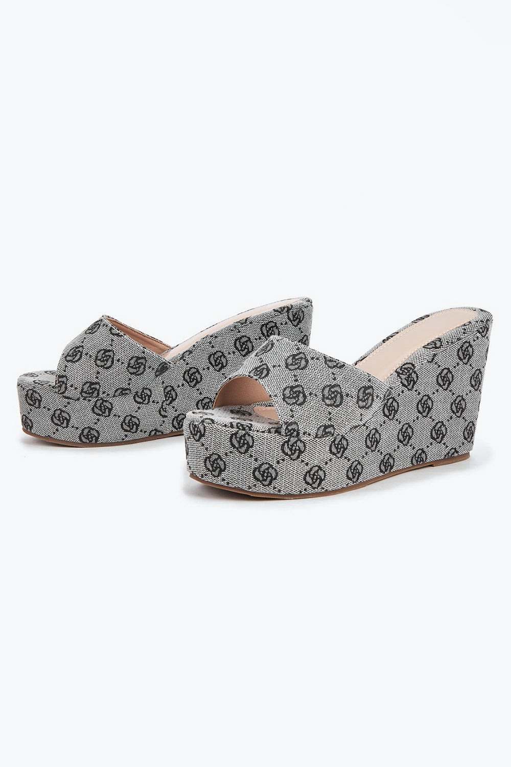 Platform Wedge Sandals with All-Over Monogram - Black