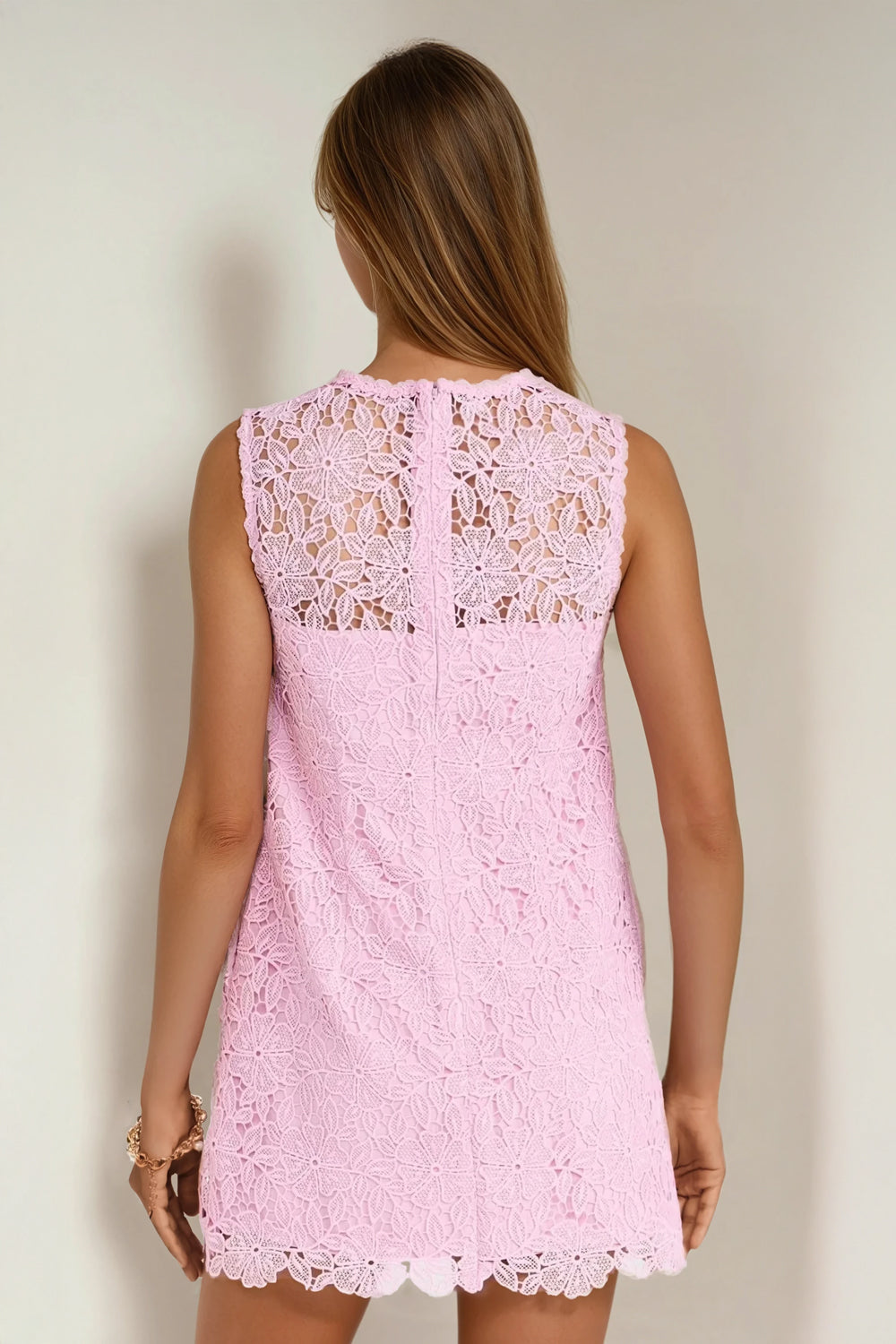 Sleeveless Mini Dress with Lace Overlay and Front Pockets - Pink