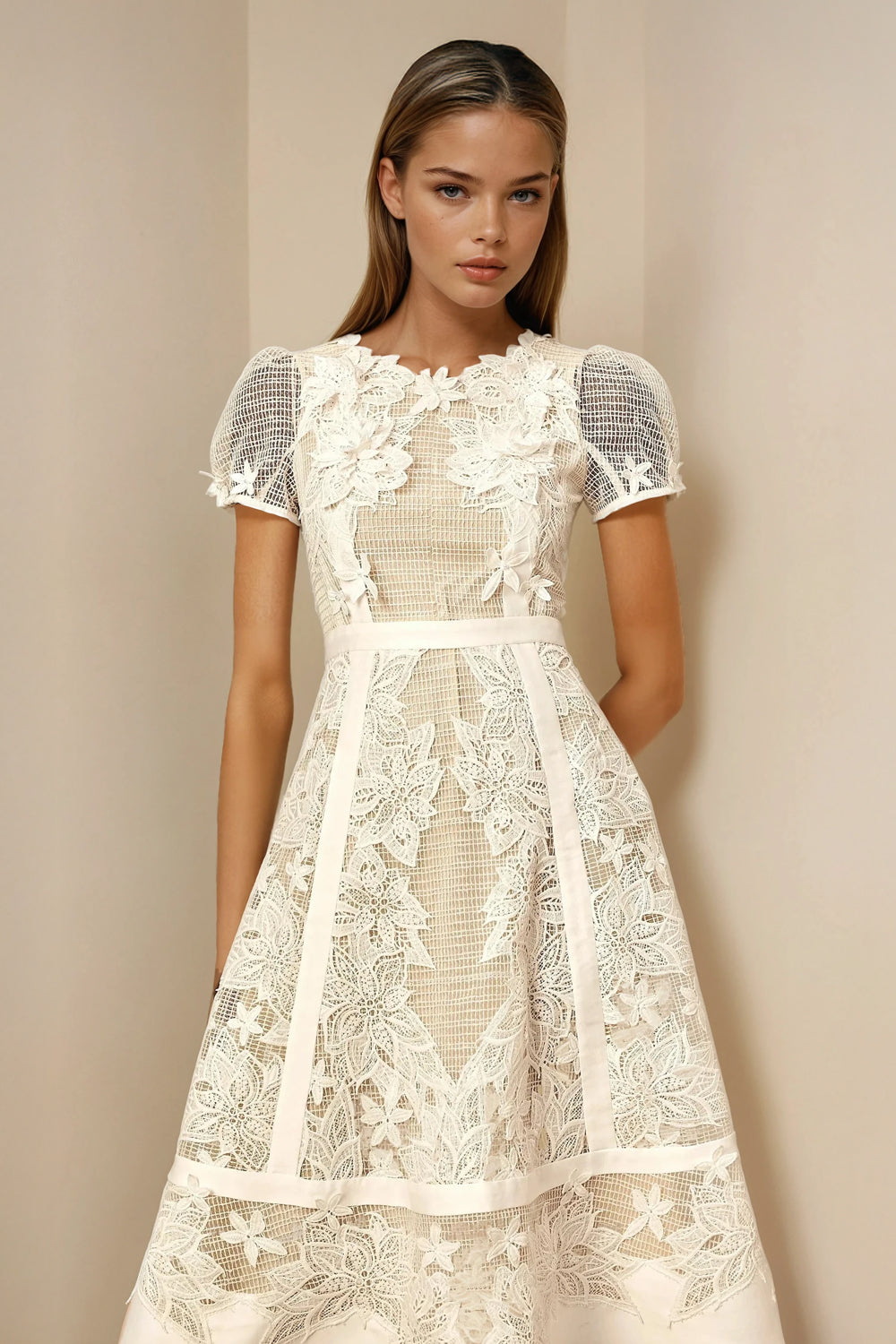 Midi Dress with Puff Sleeves and Embroidered Panels - White