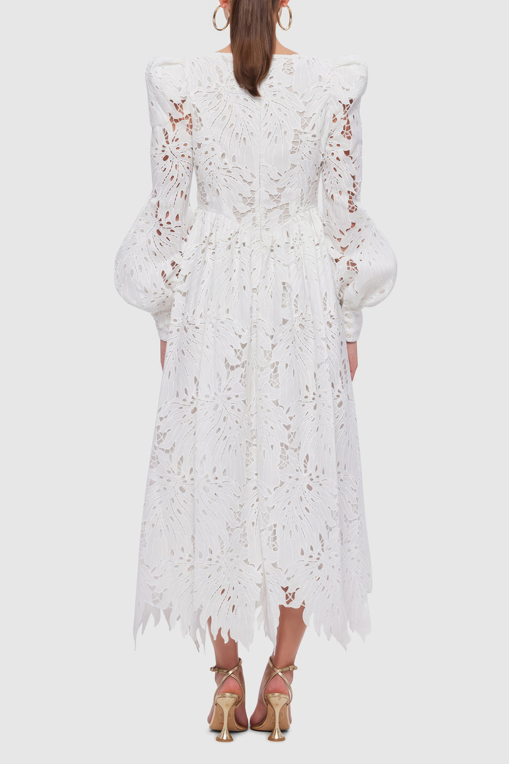 Puff Sleeve Midi Dress with Delicate Cut-Outs