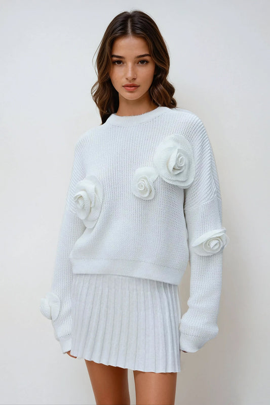 Oversized Sweater with Floral Detailing - White