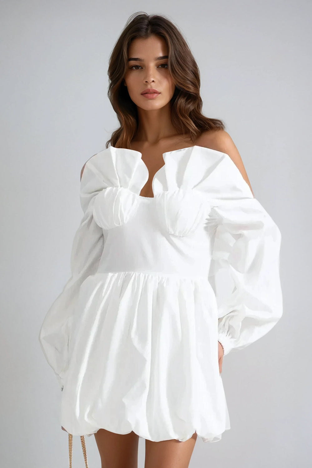 Off-Shoulder Long Sleeve Bubble Hem Mini Dress - White