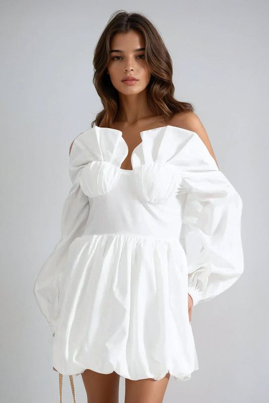 Off-Shoulder Long Sleeve Bubble Hem Mini Dress - White